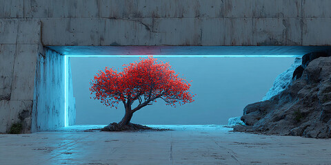 Surreal Abstract Scene with a Glowing Neon Frame Surrounding a Vibrant Tree in an Otherworldly Environment