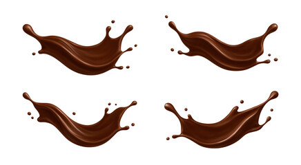 Realistic chocolate splashes. Liquid choco. Dessert and confectionery concept. Vector illustration