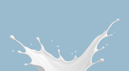 Milk splash on blue background. Realistic dairy liquid. Vector illustration