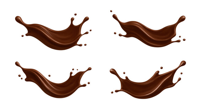 Realistic chocolate splashes. Liquid choco. Dessert and confectionery concept. Vector illustration