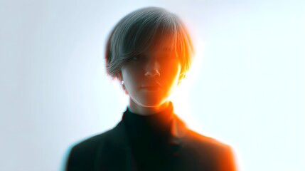 Fototapeta premium Stylized abstract portrait of a person s face with modern hair dramatic split lighting in orange and blue hues creating an intense futuristic and ic visual