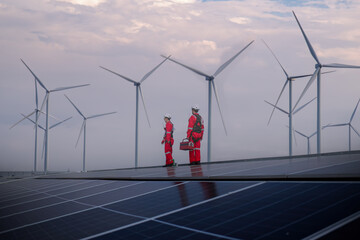 engineer working on solar cell plant with windmill field .Solar cell smart grid and windmill are...