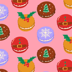 Seamless Christmas macaron pattern in warm festive colors. Cute dessert background for holiday wrapping paper, packaging, and seasonal textile prints.