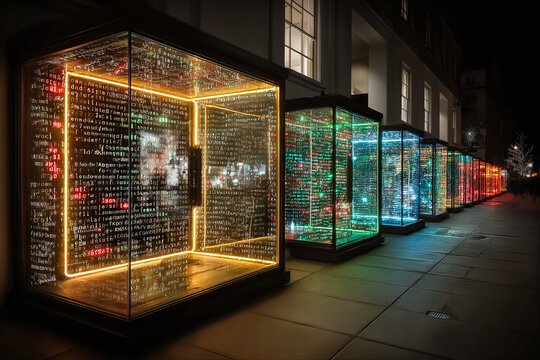 Glowing digital art installations showcase code and data visualizations in illuminated glass cubes at night - Powered by Adobe