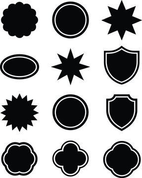 Collection of decorative black frames and blank badges isolated on white
