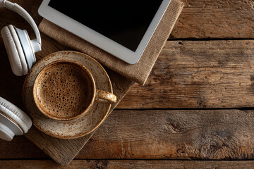 Coffee cup with headphones and tablet on wooden table in cozy setting