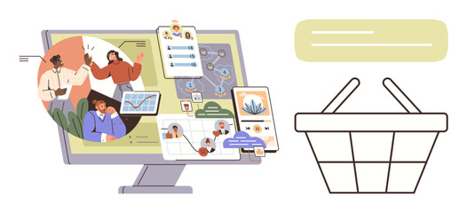 Computer monitor displaying teamwork visuals, task boards, and remote connections beside a basket outline. Ideal for e-commerce, remote work, project planning, organization, productivity, shopping