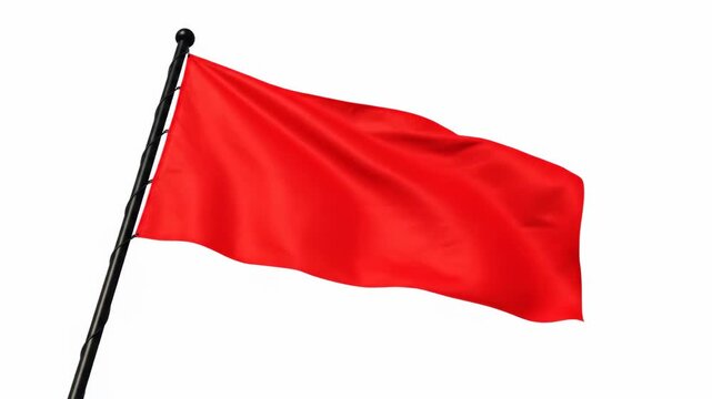 Red Flag Waving on Black Pole - A bright red flag flutters on a sleek black flagpole, isolated against a clean white background.