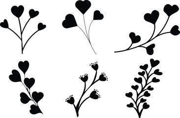 Collection of six black silhouette floral branches with heart shaped leaves and buds on white background