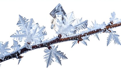 Close-up of frost crystals formed on a twig, showcasing intricate icy structures