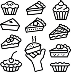 Variety of delicious pie and cake line icons illustration