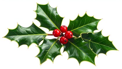 Close-up of glossy green holly leaves and bright red berries on a white background