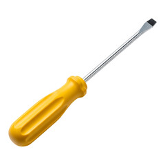 A yellow handled screwdriver placed diagonally on a white background showing simple tool design and household repair concept