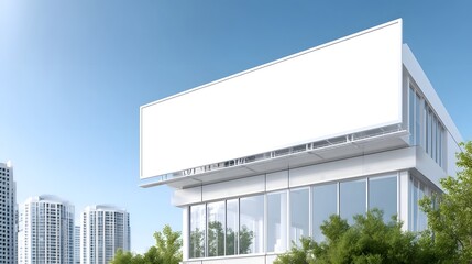A contemporary urban office building featuring a prominent empty white billboard situated on its roof set against a bright blue sky with distant cityscapes