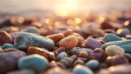 A close-up of colorful pebbles on the beach