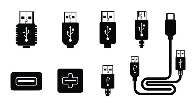 A collection of different usb connector types and a cable, depicted in a simple style.