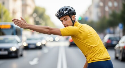 Male cyclist wearing a helmet signals a turn while riding on a busy city street.
