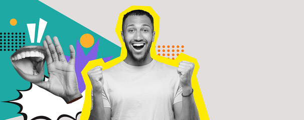 Vivid collage showcases a man celebrating with raised fists and a big smile. Surrounding elements include colorful shapes and hands expressing excitement. The scene is dynamic and cheerful.