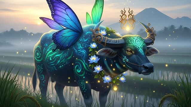 Enchanted Water Buffalo with Butterfly Wings in a Mystical Rice Field.