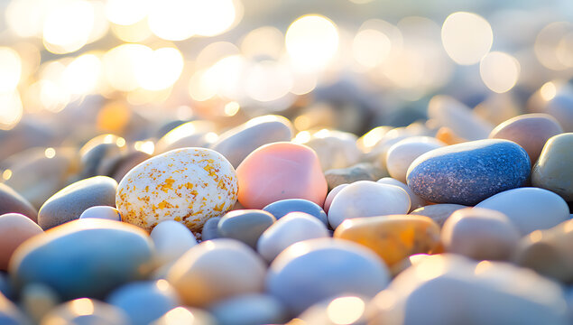 A close-up of colorful pebbles on the beach - Powered by Adobe