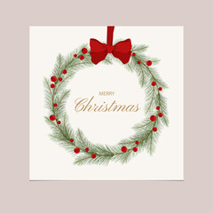Christmas greetings with hanging wreath and ribbon. Vector illustration Christmas greeting card.