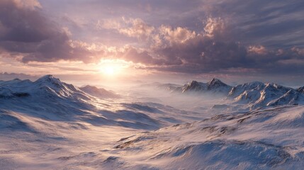 A winter landscape with a setting sun over snowy hills,