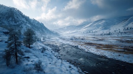 A winter landscape with a valley and a river,
