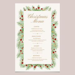 Christmas menu set with pine leaves decoration. Vector illustration restaurant or cafe set menu with starter food, main course, dessert and beverage.