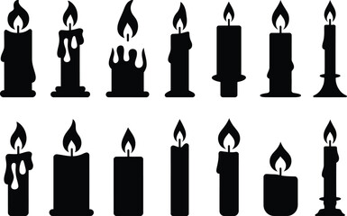 Collection of black silhouette candles with flickering flames isolated vector