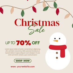 Christmas sale with string lamps and snowman. Vector illustration Christmas sale template for social media promotion, banner, poster and shopping event. 