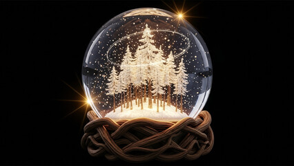 Magical Snow Globe with Glowing Winter Pine Forest Inside, Enchanted Night Decoration with Warm Lights and Fairy Tale Atmosphere, Cinematic Illustration