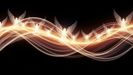 Easter angelic choir symbolized by flowing golden light waves and radiant energy lines expressing resurrection, divine harmony and spiritual celebration on black background