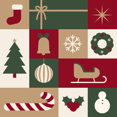 Christmas Square Pattern with Christmas Objects. Vector illustration christmas pattern for background, design, advertising, web, and social media.