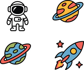 Cartoon astronaut rocket planets and stars in simple space illustration vector