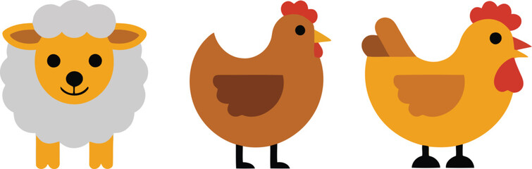 Cartoon sheep and two chickens in flat design style on white background lamb rooster vector