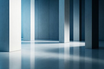Naklejka premium Abstract minimal interior with tall geometric columns casting shadows on glossy floor in modern architectural empty room with blue walls and soft light.