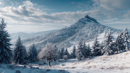 A winter landscape with a distant mountain,