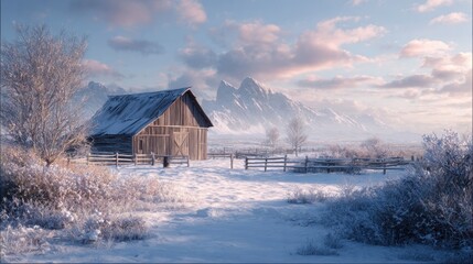 A winter landscape with a barn in the snow,