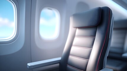 A detailed look inside an aircraft cabin featuring a comfortable grey and red stitched seat positioned beside a window revealing a scenic view of the sky and clouds evoking the experience of flight