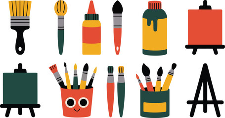 Collection of colorful art supplies paintbrushes easels paint bottles and happy cup vector