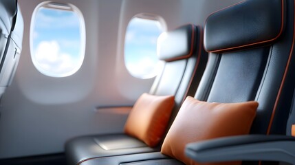 View of an empty airplane cabin interior showcasing sleek black leather seats with orange cushions Oval offer a glimpse of the sky and clouds evoking travel and comfort