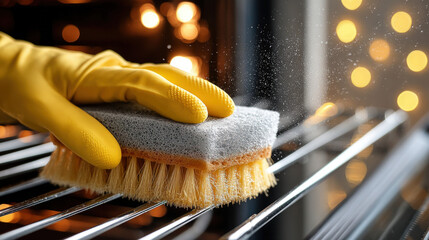 a woman wearing gloves, scrubbing an oven with a sponge and cleaner