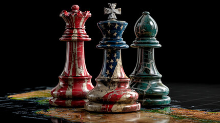 3D rendering of chess pieces with the flag of the USA on top