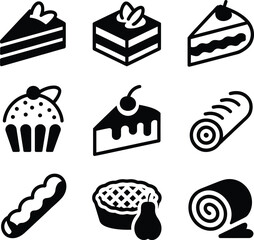 Black and white dessert icons set including cake and pastries