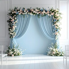 Light blue draped archway adorned with pastel flowers