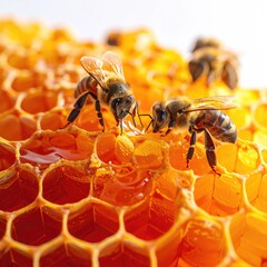 Close-up of honeybees on honeycomb