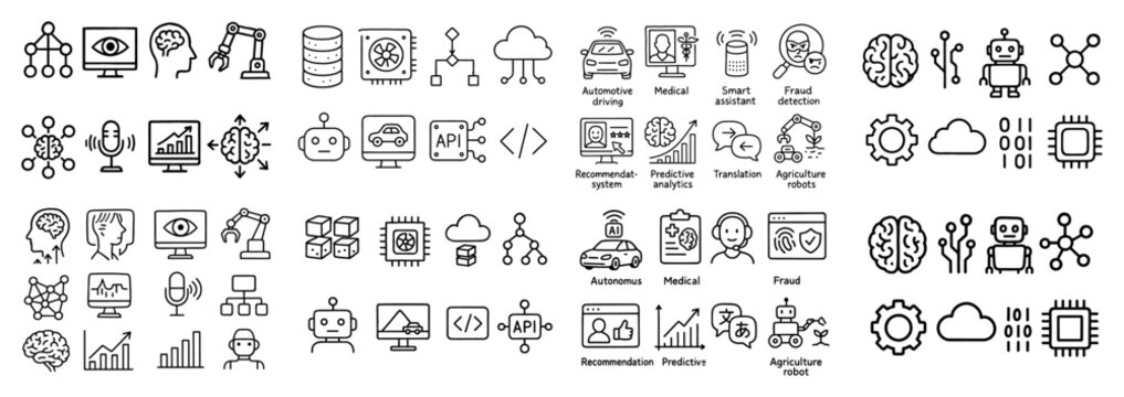 Artificial intelligence icons set: automation and robotics