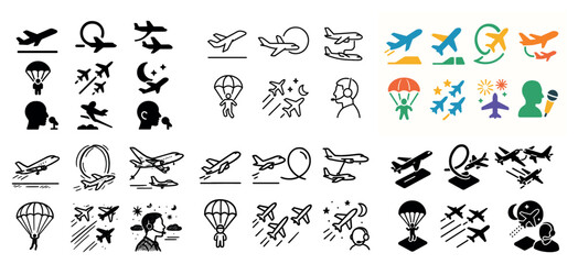Fototapeta premium Airplane icons and parachute symbols collection