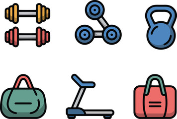 Collection of flat design fitness equipment icons including dumbbells kettlebell treadmill and gym bags