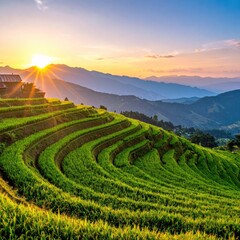 Lush terraced rice paddies at sunset